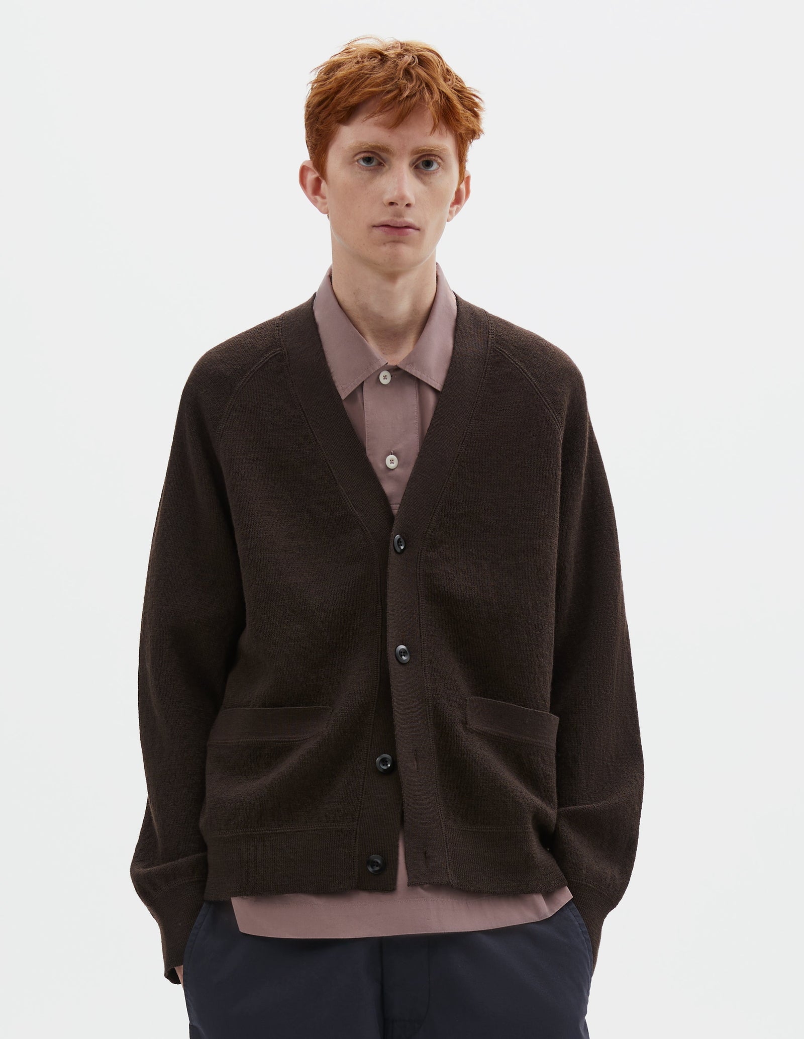 Mhl Flatlock Cardigan Pure Wool Earth