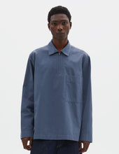 MHL. LONG SLEEVE HALF ZIP PULL ON SHIRT | SANDED COTTON POPLIN | UNIFORM BLUE