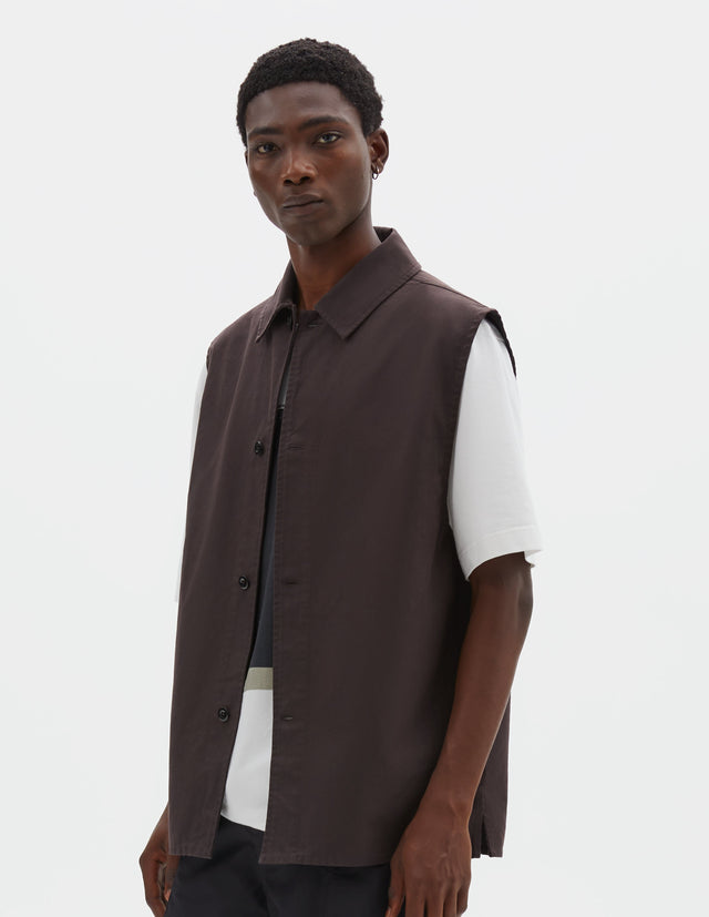 MHL. SLEEVELESS OVERSHIRT | IRREGULAR COTTON DRILL | MAHOGANY