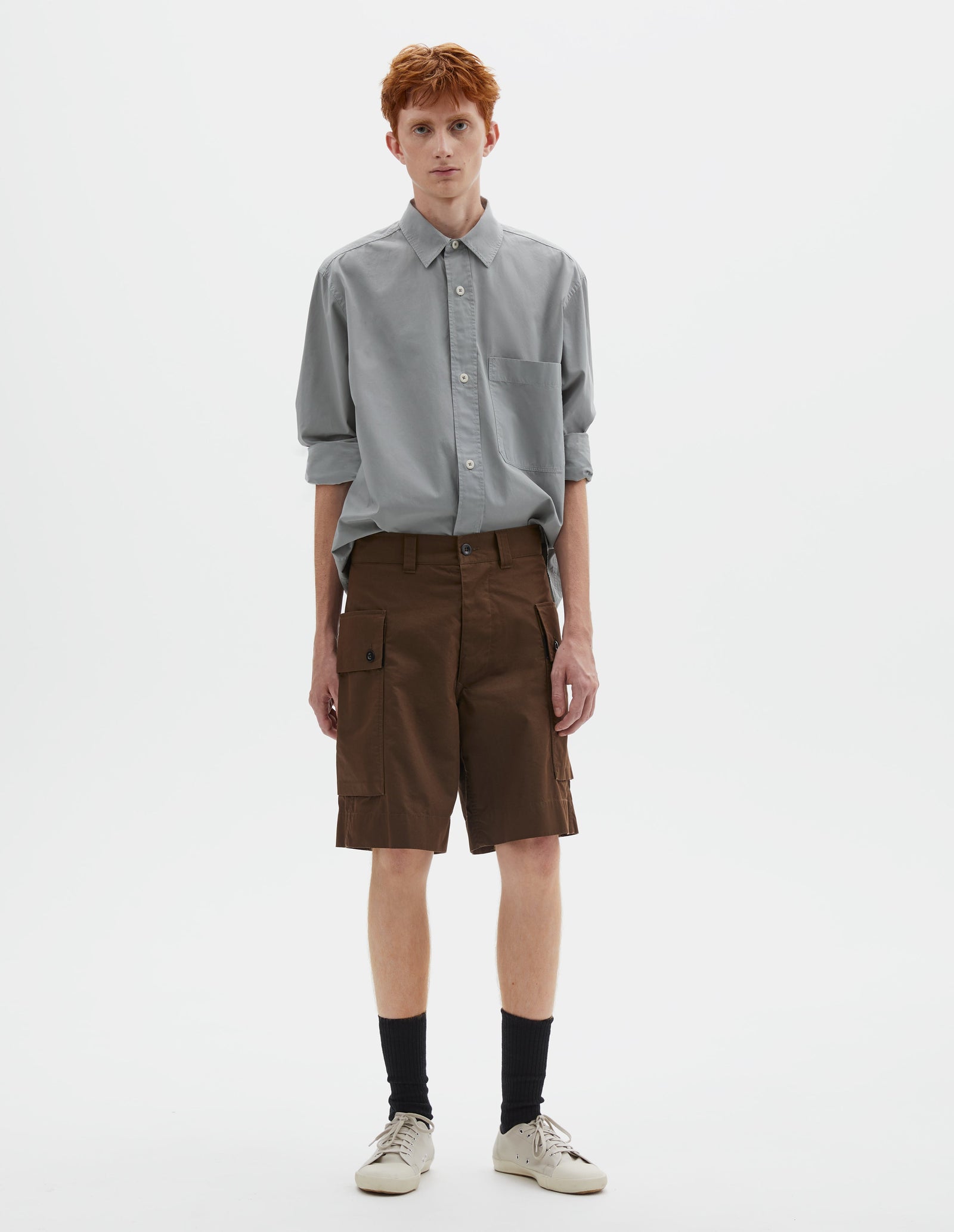 Mhl Cargo Pocket Shorts Cotton Nylon Poplin Earth