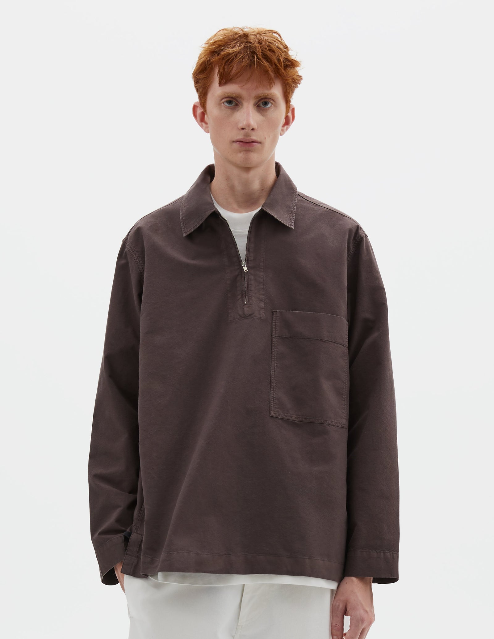 Mhl Long Sleeve Half Zip Pull On Shirt Cotton Canvas Shirting Earth