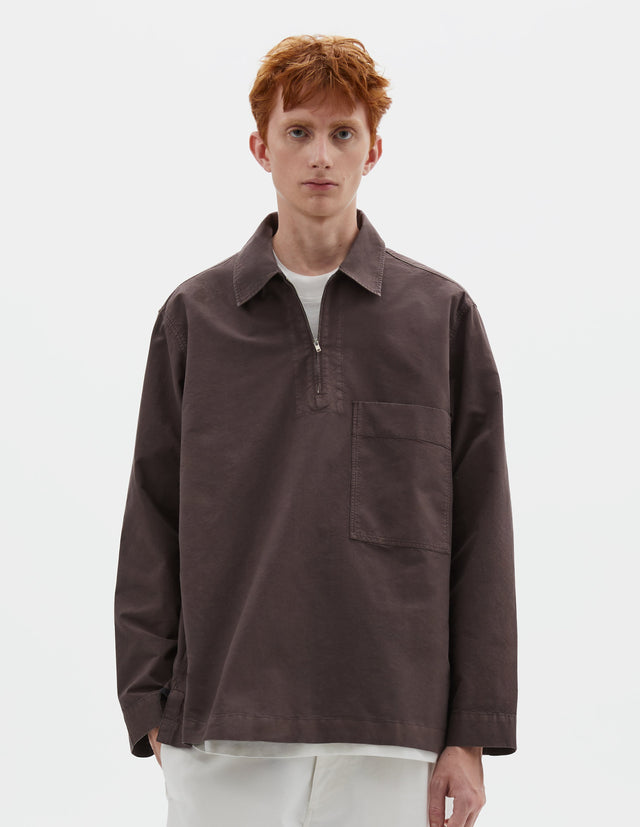 MHL. LONG SLEEVE HALF ZIP PULL ON SHIRT | COTTON CANVAS SHIRTING | EARTH