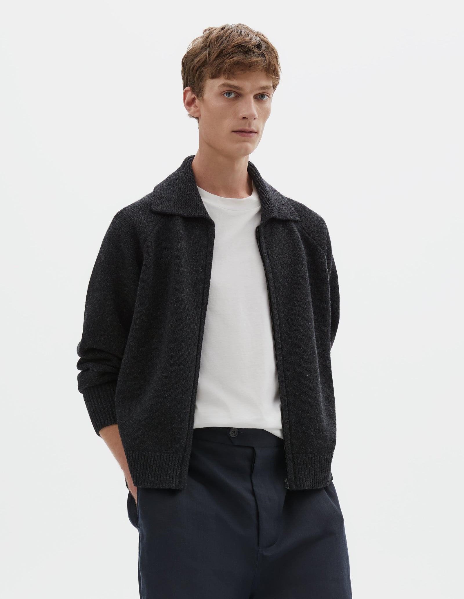 Zip Collar Cardigan Irregular Spun Wool Asphalt