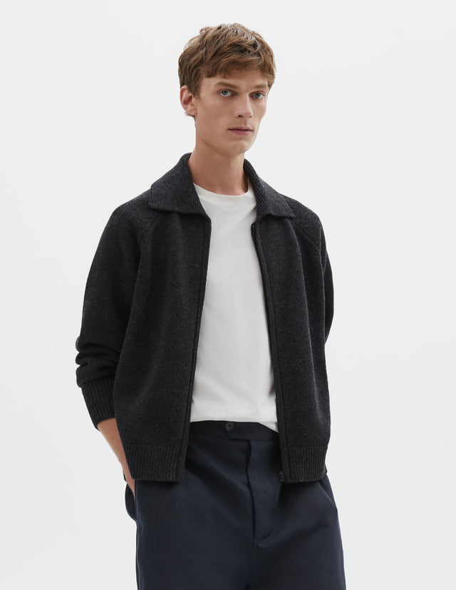 ZIP COLLAR CARDIGAN | IRREGULAR SPUN WOOL | ASPHALT