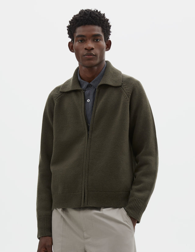 ZIP COLLAR CARDIGAN | IRREGULAR SPUN WOOL | KHAKI