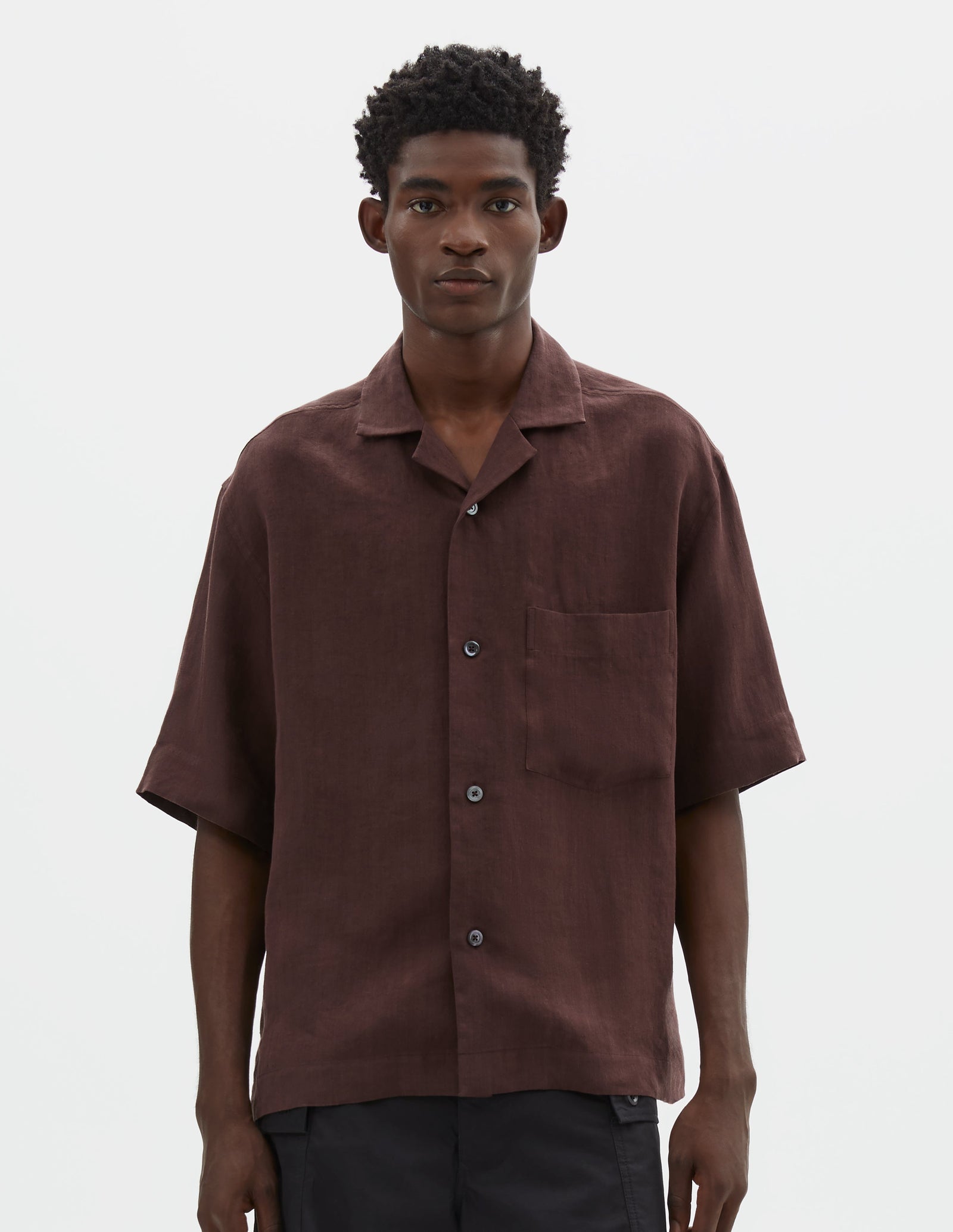 Revere Collar Shirt Soft Linen Poplin Mahogany