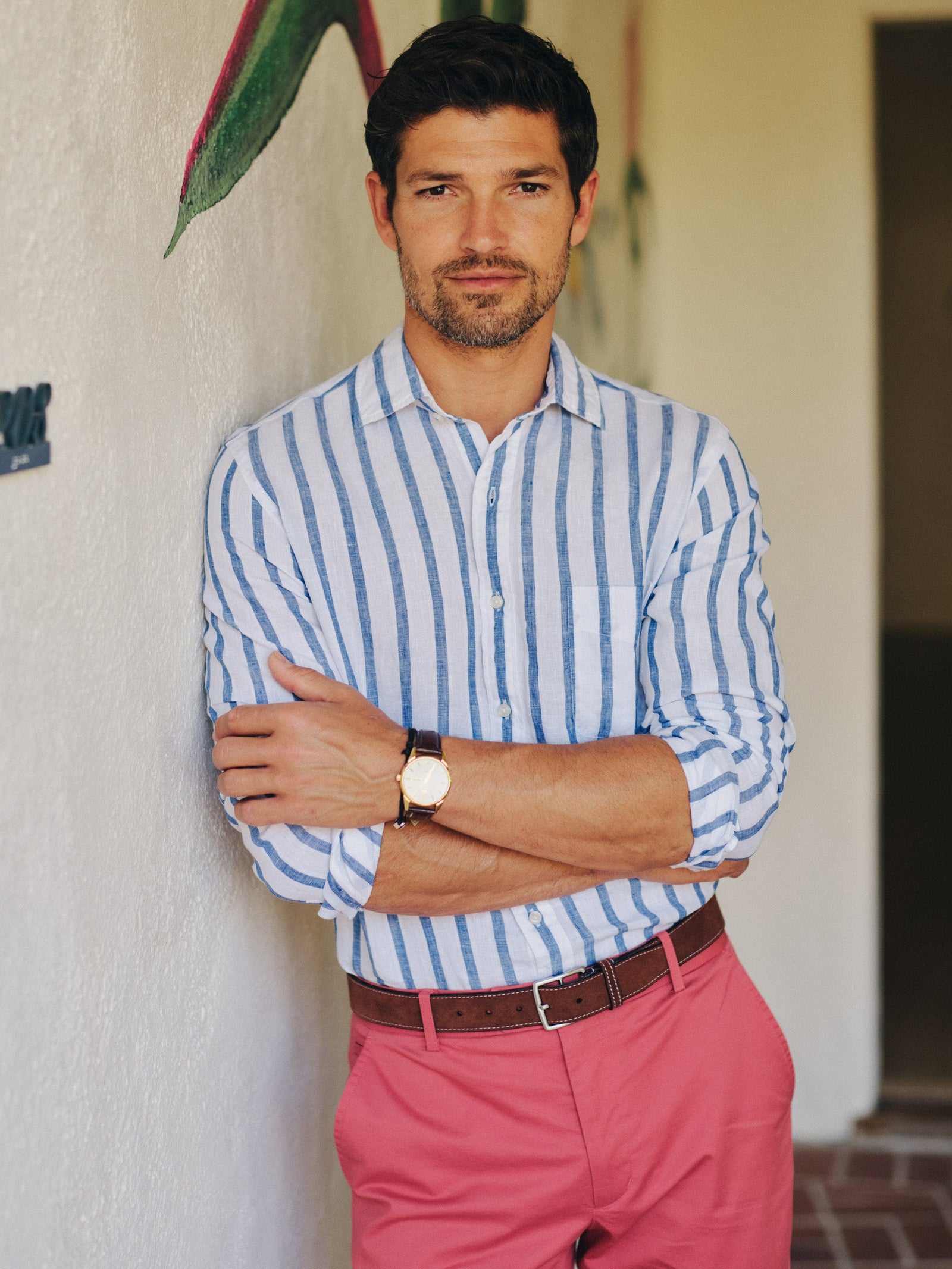 White Dobby Stripe Gramercy Linen Shirt Men S Shirts J Mclaughlin