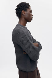 Men's Grid Stitch Crewneck Sweater in Charcoal Melange