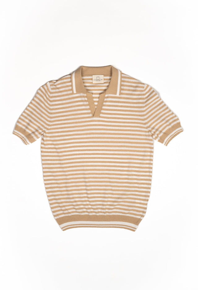 Men's Cotton Towelling Short Sleeve Skipper Polo – Light Brown & White Stripe