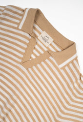 Men's Cotton Towelling Short Sleeve Skipper Polo – Light Brown & White Stripe