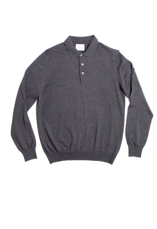 Men's Extra Fine Merino Wool Long Sleeve Polo Grey