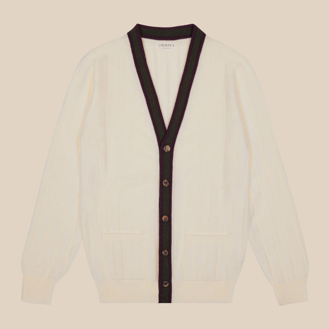 Merino club cardigan in cream purple and green