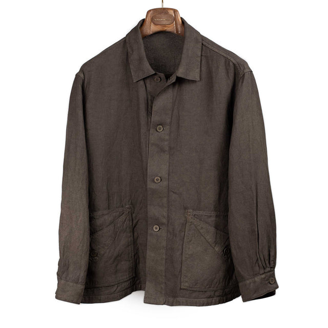 Chore coat in dark walnut naturally dyed Japanese paper and hemp