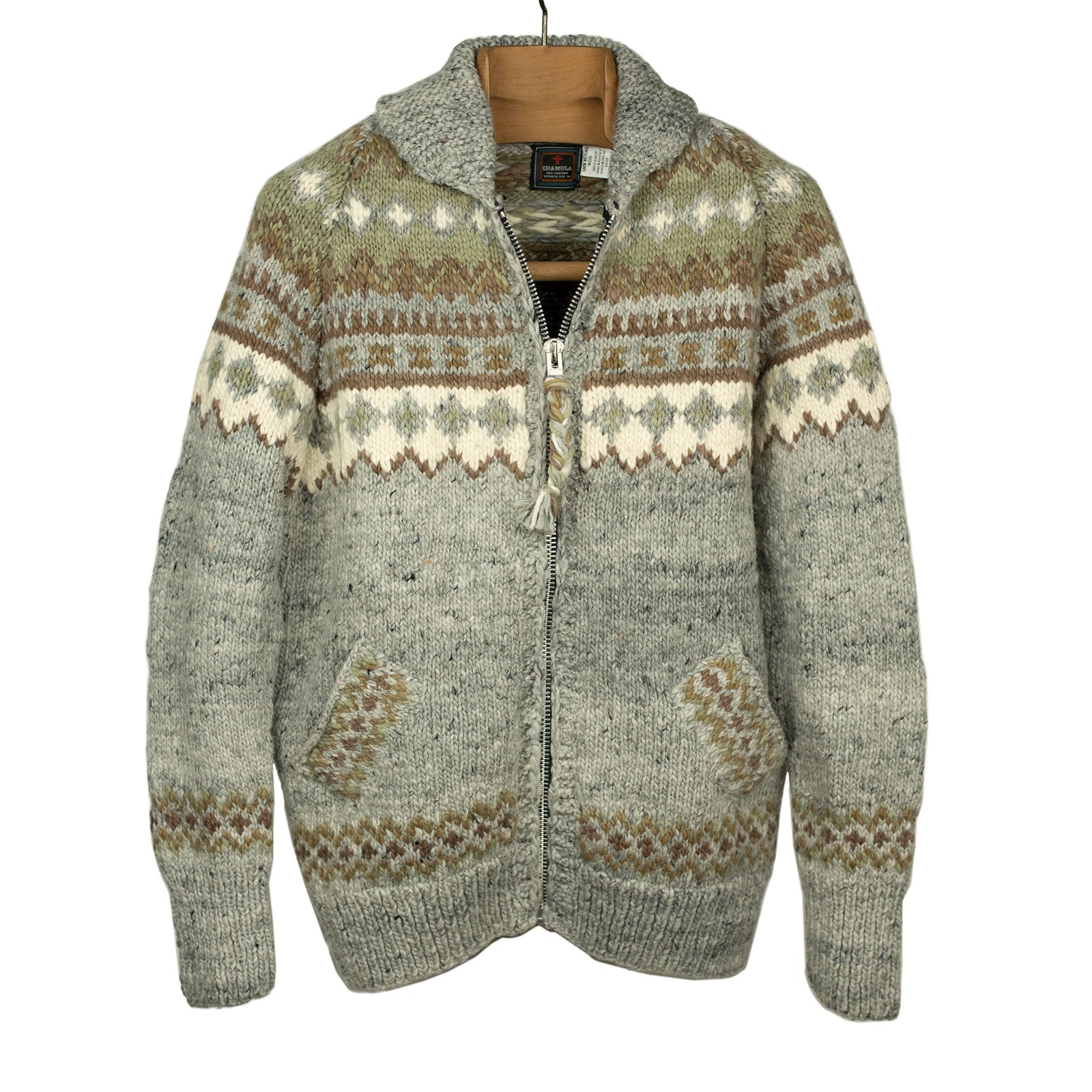 Chamula Hand Knit Fair Isle Zipper Cardigan In Pearl Grey Wool