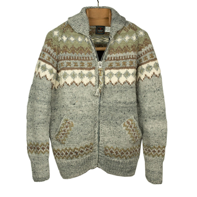 Chamula hand-knit Fair Isle zipper cardigan in Pearl Grey wool