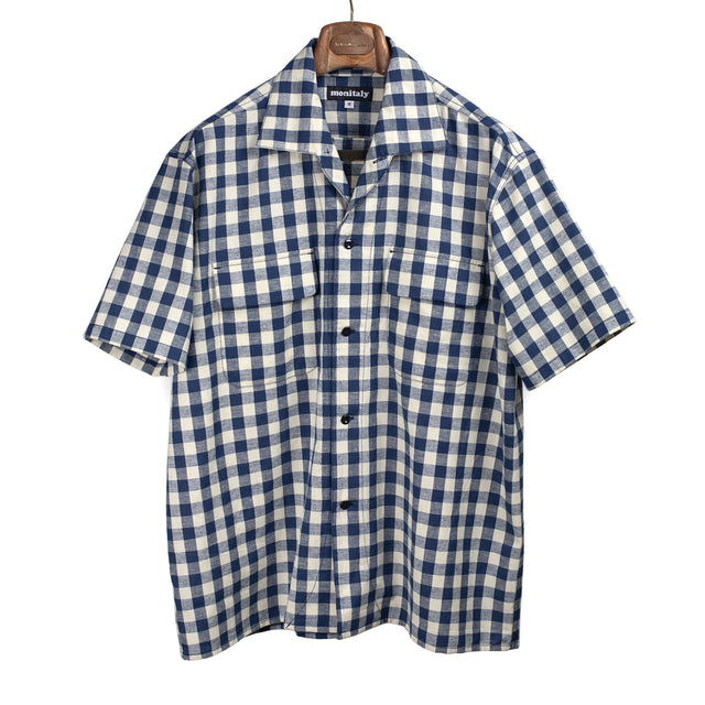 Milano shirt in blue and ecru gingham cotton and linen