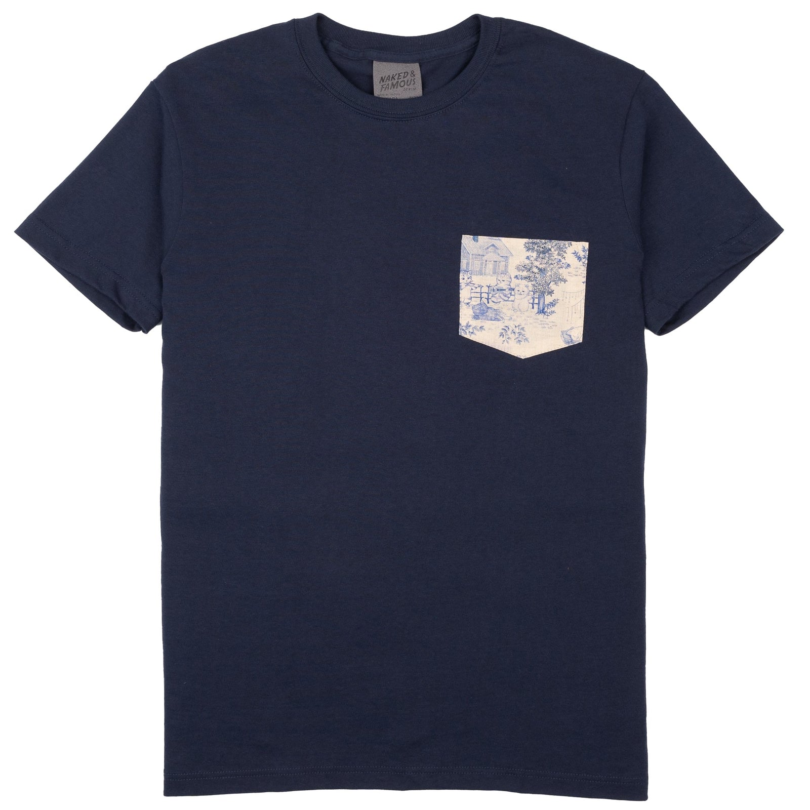 Pocket Tee Navy Linen Cats