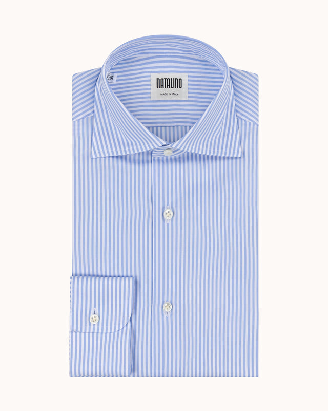Spread Collar Shirt - Blue Stripe Cotton Poplin