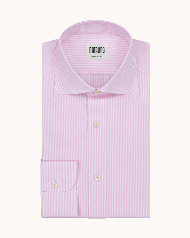 Spread Collar Shirt - Pink Stripe Cotton Poplin