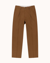 Casual Relaxed Pleated Trouser - Tan Brushed Cotton