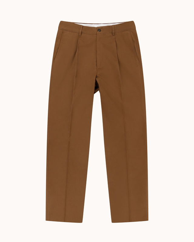 Casual Relaxed Pleated Trouser - Tan Brushed Cotton