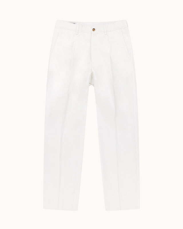 Casual Relaxed Pleated Trouser - White Brushed Cotton