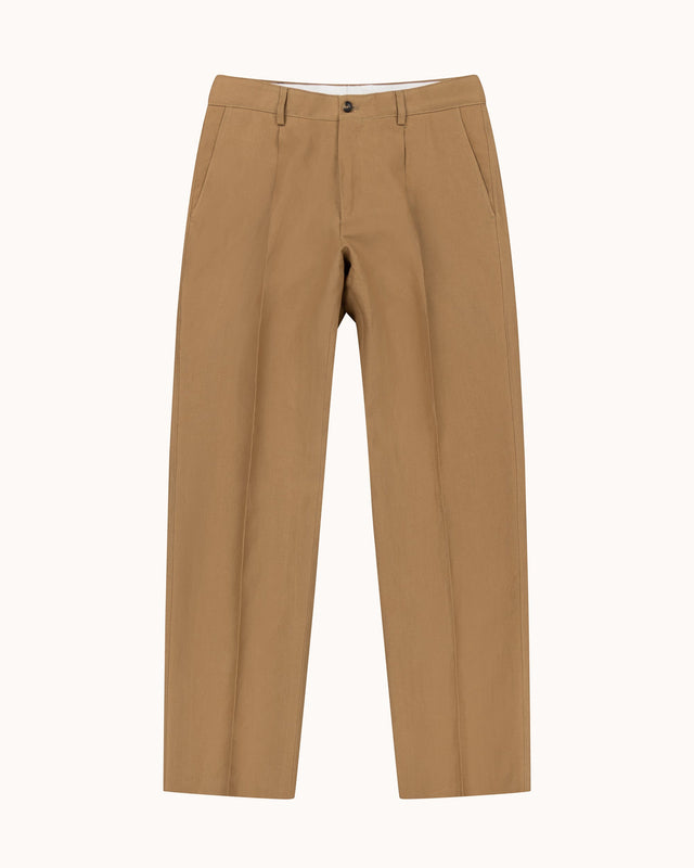 Casual Relaxed Pleated Trouser - Tan Linen