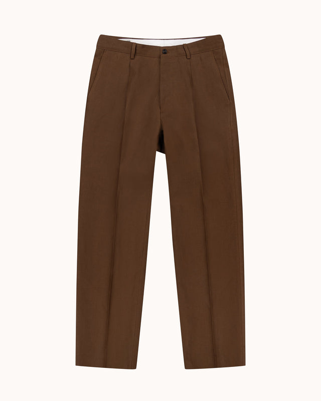 Casual Relaxed Pleated Trouser - Tobacco Brown Linen