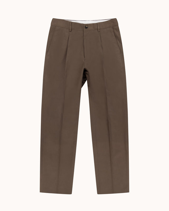 Casual Relaxed Pleated Trouser - Tobacco Brushed Cotton