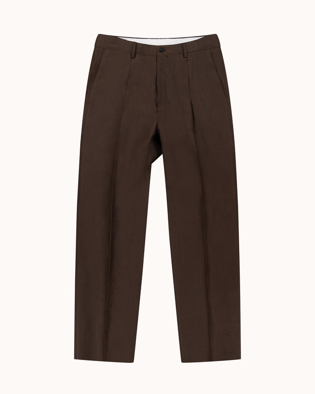 Casual Relaxed Pleated Trouser - Dark Brown Linen