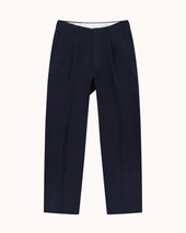 Casual Relaxed Pleated Trouser - Navy Brushed Cotton
