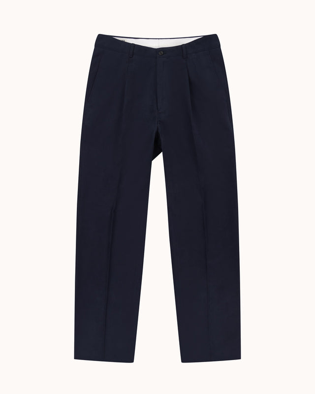 Casual Relaxed Pleated Trouser - Navy Brushed Cotton
