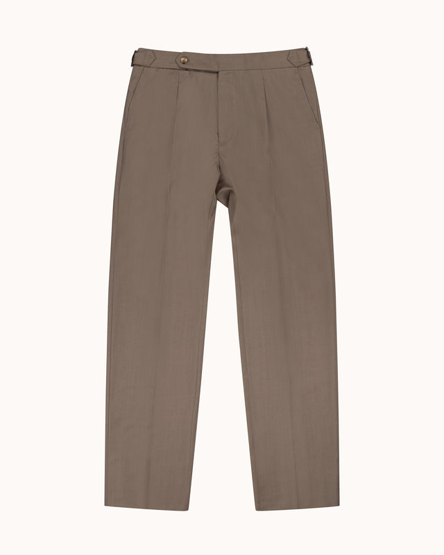 Relaxed Pleated Trouser - Mushroom Herringbone Wool