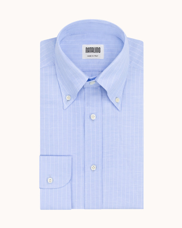 Button Down Collar Shirt - Blue Pinstripe Cotton Linen