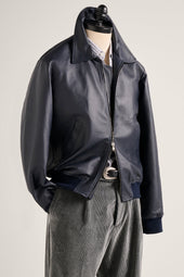 Leather Bomber - Navy