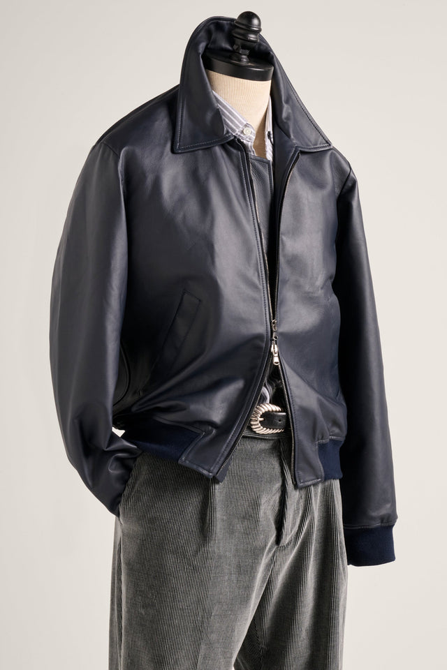 Leather Bomber - Navy