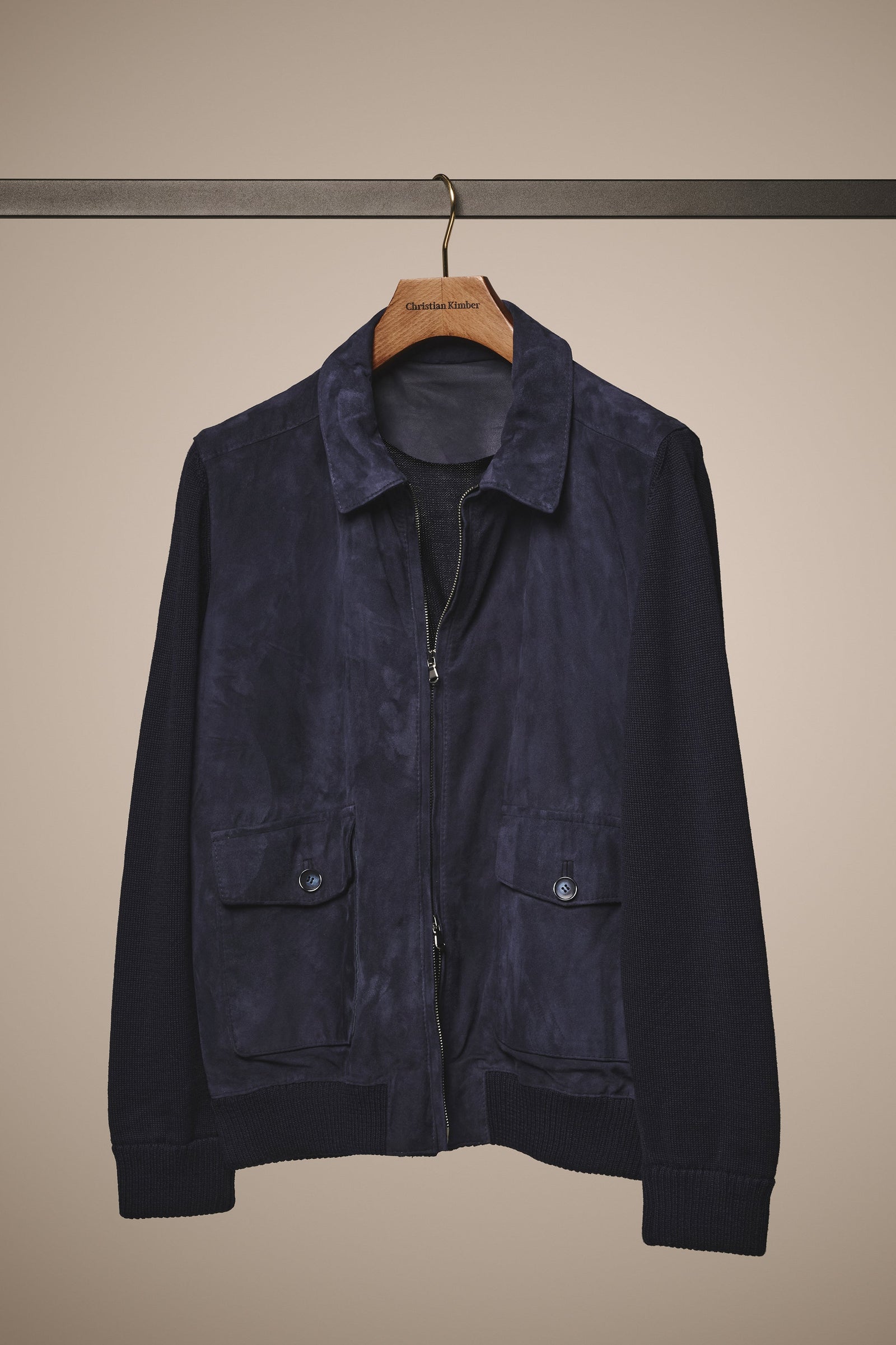 Bomber Jacket Italian Suede Merino Wool Nautical Blue