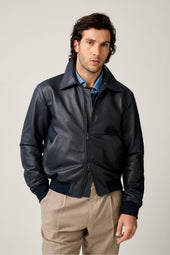 Leather Bomber - Navy