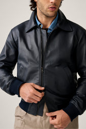 Leather Bomber - Navy