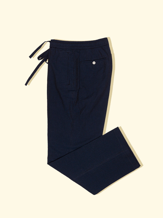 Siesta Drawstring Trousers - Navy Seersucker — The Anthology