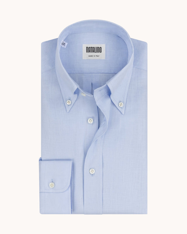 Button Down Collar Shirt - Light Blue Linen