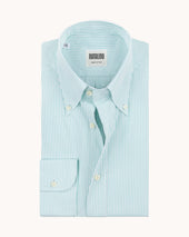 Button Down Collar Shirt - Green Stripe Cotton Poplin