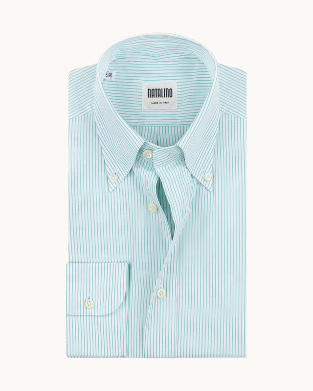Button Down Collar Shirt - Green Stripe Cotton Poplin