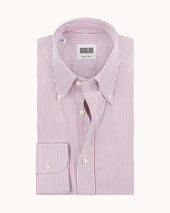 Button Down Collar Shirt - Burgundy Stripe Cotton Poplin