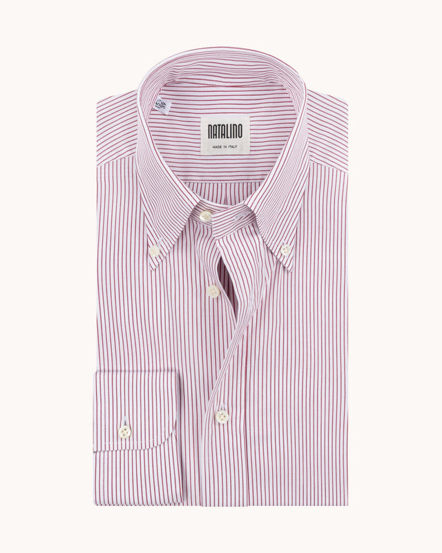 Button Down Collar Shirt - Burgundy Stripe Cotton Poplin