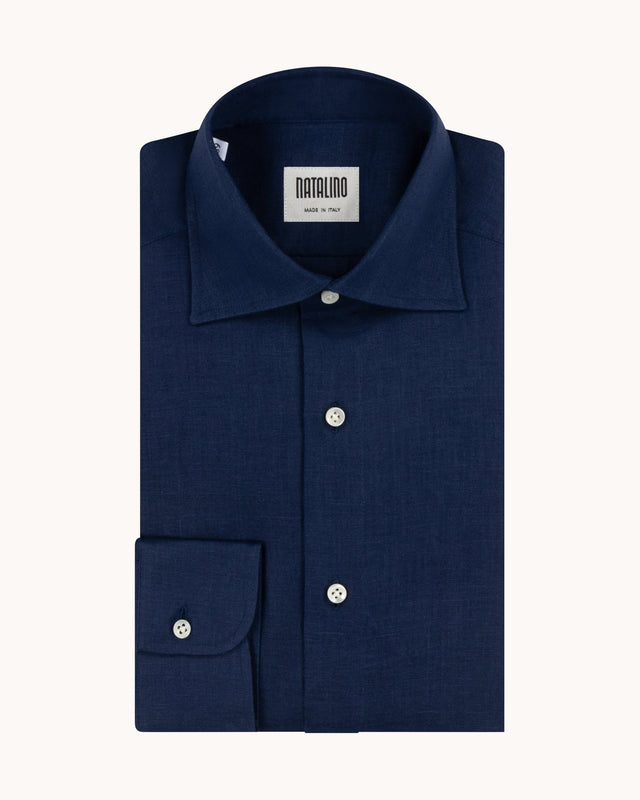 Spread Collar Shirt - Navy Linen