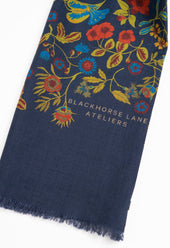 Navy Floral Wool Silk Scarf