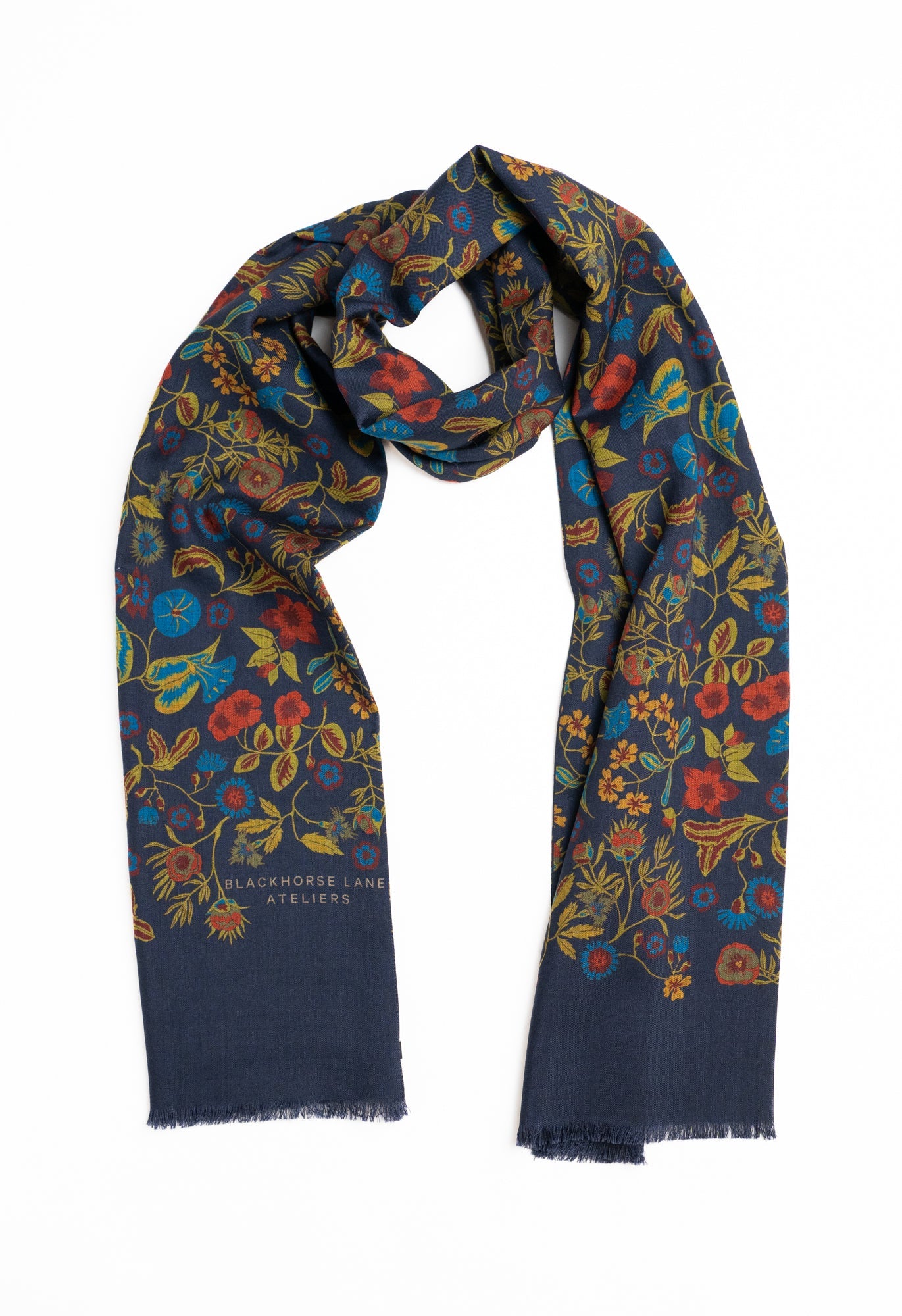 Navy Floral Wool Silk Scarf