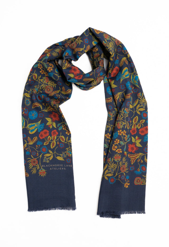 Navy Floral Wool Silk Scarf