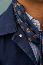 Navy Geometric Motif Wool Silk Scarf